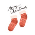 Christmas greeting card with cute socks and lettering, flat vector illustration isolated on white background. Royalty Free Stock Photo