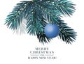 Christmas 2019 greeting card with 3d objects: holiday fir branch and ball. Merry Christmas and happy new year typography Royalty Free Stock Photo