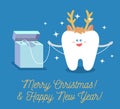 Tooth is wearing in deer mask. Cartoon tooth with dental floss. Merry Christmas