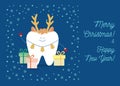 Christmas greeting card from dentisty. Smiling Tooth is wearing in deer mask