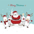 Christmas greeting card design background with santa claus and cute baby reindeer with santa costume. Hand drawn cartoon style. Royalty Free Stock Photo