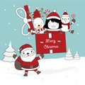 Christmas greeting card design background with santa claus and gift box with reindeer, character girl, snowman with santa costume