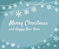 Christmas greeting card design with border from hanging white various snowflakes and stars in simple flat retro style on Royalty Free Stock Photo