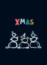 Christmas greeting card design template. Hand drawn snowmen, Merry Christmas hand lettering Royalty Free Stock Photo