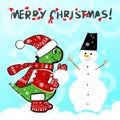 christmas greeting card with dinosaur pattern making a snowman.