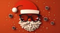 Christmas greeting card featuring a paper hipster Santa Claus beard, mustache, and Xmas hat against a backdrop in the modern paper