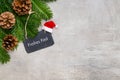 Christmas greeting card. Festive decoration on gray background. New Year concept. Copy space. Flat lay. Top view Royalty Free Stock Photo