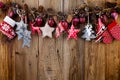 Christmas greeting card. Festive decoration on wooden background. New Year concept. Flat lay. Top view Royalty Free Stock Photo