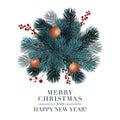 Christmas 2019 greeting card with fir ball and red berries. Merry Christmas and happy new year typography poster Royalty Free Stock Photo