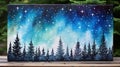 Christmas greeting card with fir trees and starry sky on wooden table Royalty Free Stock Photo