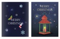 Christmas greeting card in flat style. Dark blue background with stars and silhouettes of candle holders and Christmas