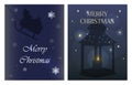 Christmas greeting card in flat style. Dark blue background with stars and silhouettes of candle holders and Christmas