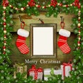 Christmas greeting card with frame, Christmas socks, gifts