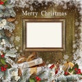 Christmas greeting card with frame, gifts, pine branches and Christmas decorations