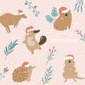 Christmas greeting card with funny Australian animals in Santa hats kangaroo, platypus, wombat, echidna, quokka. Royalty Free Stock Photo