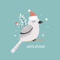 Christmas greeting card with funny kookaburra sitting in a Santa hat