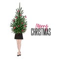 Christmas greeting card girl holding New Year tree decorated with balls. Vector woman stylish outfit on holidays Royalty Free Stock Photo