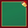 Christmas greeting card with gold frame decorated with festive bells. Traditional Christmas colors