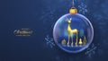 Christmas greeting card. Golden deer in a transparent glass ball. Shining showflakes, glitter confetti. New Year Xmas blue