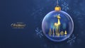 Christmas greeting card. Golden deer in a transparent glass ball. Shining showflakes, glitter confetti. New Year Xmas blue