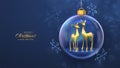 Christmas greeting card. Golden deers in a transparent glass ball. Shining showflakes, glitter confetti. New Year Xmas blue