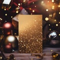 Christmas greeting card with golden glitter on bokeh lights and christmas balls background Royalty Free Stock Photo