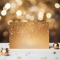 Christmas greeting card with golden glitter on bokeh lights background.Copy space. Royalty Free Stock Photo