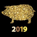 Christmas greeting card with golden pig and date New year Royalty Free Stock Photo