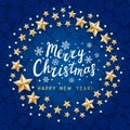 Christmas greeting card with golden stars decor on blue background - vector round frame for winter holiday design