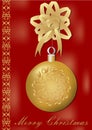 Christmas greeting card with gorgeous golden xmas ball and golden ribbon, vintage patterns on border, title Merry Royalty Free Stock Photo