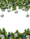 Christmas greeting card. Green fir branches with silver balls on white background. Christmas decorations. illustration Royalty Free Stock Photo