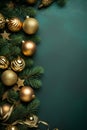 Christmas greeting card with green and golden glass balls on green . Generative AI. Royalty Free Stock Photo