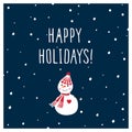 Christmas Greeting Card with hand drawn cute snowman. Happy holidays. Dark blue background. Royalty Free Stock Photo