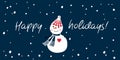 Christmas Greeting Card with hand drawn cute snowman. Happy holidays. Dark blue background. Royalty Free Stock Photo