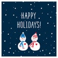 Christmas Greeting Card with hand drawn cute snowmen. Happy holidays.