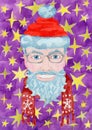 Christmas greeting card with handsome modern Santa Claus wearing scard and red hat against purple background with stars