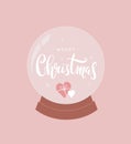 Christmas greeting card with handwritten lettering, snowflakes, and hearts in a snow globe on a pink background. - Vector Royalty Free Stock Photo