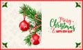 Christmas greeting card. Hanging red decorated balls with ribbon on green branches with magic wands and snowflakes. Royalty Free Stock Photo