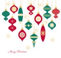 Christmas greeting card with hanging red and green decorated Christmas baubles