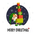 Christmas greeting card with happy elf carrying gift boxes Royalty Free Stock Photo