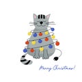 Christmas greeting card. Happy gray cat with a garland of multicolored lights. Holiday vector flat illustration