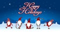 Christmas greeting card `Happy Holidays` with cute Christmas gnomes and a snowy evening starry landscape