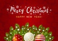 Christmas greeting card with holiday decor on red background Royalty Free Stock Photo