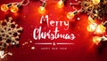 Christmas greeting card; holiday decoration on red background; flat lay ornament;  Xmas season banner Royalty Free Stock Photo