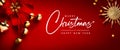 Christmas greeting card or holidays banner design; Golden Christmas tree decoration on red background; Copy space