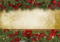 Christmas greeting card with holly, poinsettia and firtree