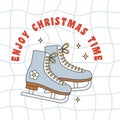 Christmas greeting card ice skates in groovy retro style. Figure skating skates, stars and text