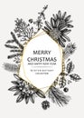 Christmas greeting card or invitation design. Golden foil elements. Vector frame with hand sketched winter flowers, conifers and