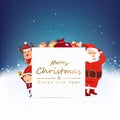 Christmas greeting card, invitation, Santa, kid girl and reindeer, cartoon character celebration, snow fall glowing winter Royalty Free Stock Photo
