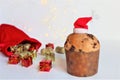 Christmas greeting card. Italian Christmas sweet panettone with colorful gifts on white background